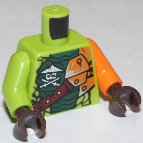 Torso, Odd Arms, Scales and Shoulder Armor, Dark Green Belly and Crossed Swords Print, Left Orange Arm, Right Lime Arm, Dark Brown Hands Limette