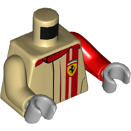 Torso, Odd Arms, Racing Jacket with Red Stripe and Collar, Ferrari Logo Print, Left Red Arm, Right Tan Arm, Light Bluish Gray Hands Beige