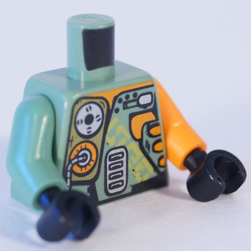 Torso, Odd Arms, Armor with Olive Green, Orange and Silver Mechanical Pack Print, Left Orange Arm, Right Sand Green Arm, Black Hands Sand Green