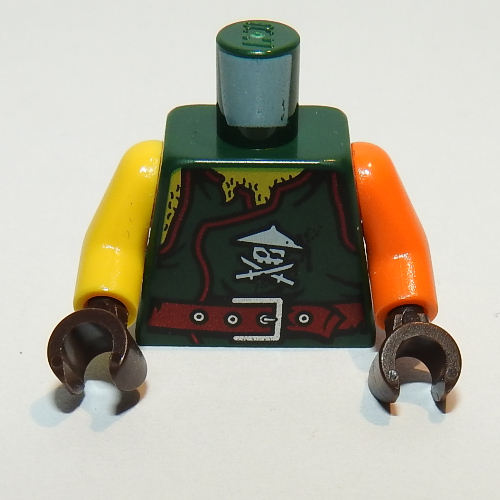 Torso, Odd Arms, Tunic with Ninja Skull with Crossed Swords, Chest Hair and Dark Red Belt Print, Left Orange Arm, Right Yellow Arm, Dark Brown Hands Dunkelgrün