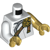 Torso, Odd Arms, Robe, Dark Orange Belt, Light Bluish Grey Trim, Gold Snap Print, Left Pearl Gold Arm, Right White Arm, Pearl Gold Hands Weiß