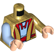 Torso, Odd Arms, Robe with Red Trim, Open over Bright Light Blue Tunic Print, Left Pearl Gold Arm, Right Bright Light Blue Arm, Light Nougat Hands Pearl Gold