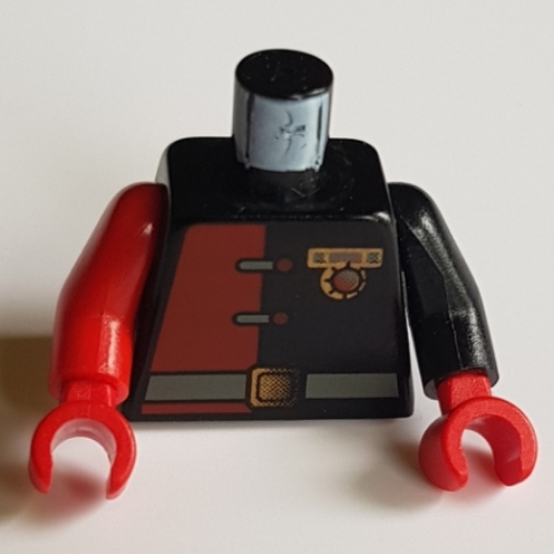 Torso, Odd Arms, Jumpsuit with Red Half, Clasps, Commander Badge, and Belt Print, Left Black Arm, Right Red Arm, Red Hands Schwarz