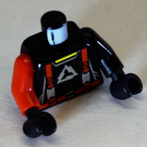 Torso, Odd Arms, Jumpsuit with Arctic Logo and Red Straps Print, Left Black Arm, Right Red Arm, Black Hands Black