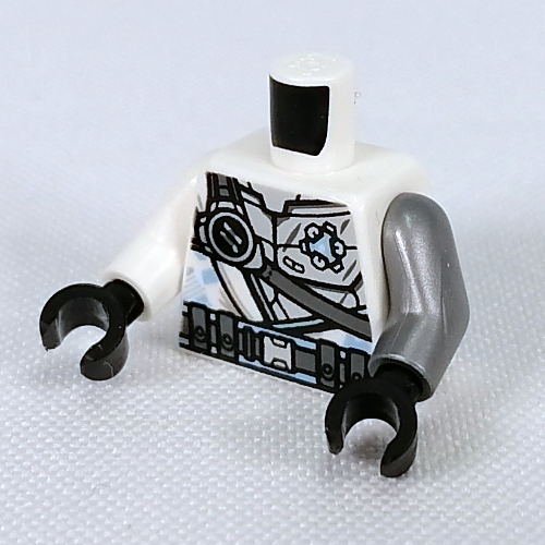 Torso, Odd Arms, Robe, Dark Bluish Gray Strap, Light Bluish Grey Armour Plating, Utility Belt Print (Zane), Left Flat Silver Arm, Right White Arm, Black Hands White