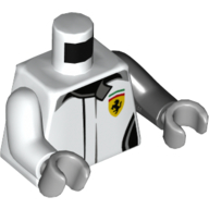 Torso, Odd Arms, Racing Jacket with Ferrari Logo Print, Left Black Arm, Right White Arm, Light Bluish Gray Hands Weiß