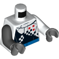 Torso, Odd Arms, Racing Jacket with Checkered Print, Left White Arm, Right Black Arm, Dark Bluish Gray Hands Weiß
