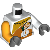 Torso, Odd Arms, Racing Jacket with Bright Light Orange Collar and Orange Swirl, 'Vita Rush' Logo Print, Left White Arm, Right Bright Light Orange Arm, Dark Bluish Gray Hands White