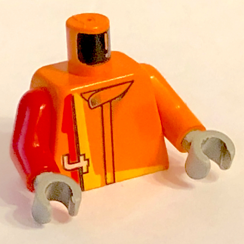 Torso, Odd Arms, Racing Jacket with '4' with Red and Yellow Stripe Print, Left Orange Arm, Right Red Arm, Dark Gray Hands Orange