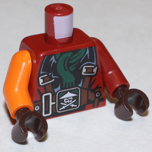Torso, Odd Arms, Jacket with Harness, Ninja Skull with Crossed Swords, Dark Green Scarf Print, Left Dark Red Arm, Right Orange Arm, Dark Brown Hands Dark Red