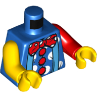 Torso, Odd Arms, Shirt with White Polka Dots, 3 Red Buttons, Blue Suspenders, Red Polka Dot Bow Tie Print, Left Red Arm, Right Yellow Arm, Yellow Hands Blue