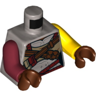 Torso Odd Arms, Armor, Reddish Brown Straps, Dark Tan Undershirt Print, Left Yellow Arm, Right Dark Red Arm, Reddish Brown Hands Flat Silver