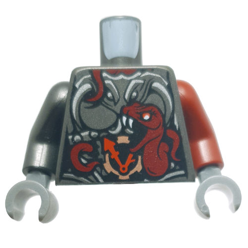 Torso, Odd Arms, Armor, Red Snake and Clock Print, Left Dark Red Arm, Right Pearl Titanium Arm, Dark Bluish Grey Hands Pearl Titanium