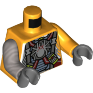 Torso, Odd Arms, Armor, Straps, Spiders on Front and Back Print, Left Bright Light Orange Arm, Right Flat Silver Arm, Dark Bluish Gray Hands Bright Light Orange