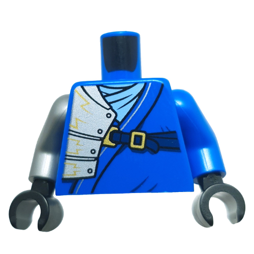 Torso, Odd Arms, Silver Armor over Right Arm, Gold Lightning, Dark Blue Strap print, Left Blue Arm, Right Flat Silver Arm, Black Hands Blue