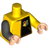 Torso, Odd Arms, Tunic, Black on Left with Hogwarts Crest / Red 'Diggory' and Star on Back Print, Left Yellow Arm, Right Black Arm, Light Nougat Hands Gelb