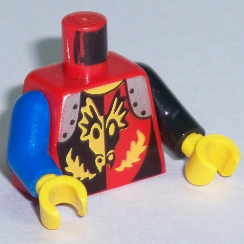 Torso Odd Arms, Armor, Dragon Head Breathing Fire Print, Left Black Arm, Right Blue Arm, Yellow Hands Red