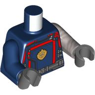 Torso, Armor, Red Details, Flame (Captain Marvel Symbol) print, Odd Arms, Left Flat Silver Arm, Right Dark Blue Arm, Dark Bluish Grey Hands Dunkelblau