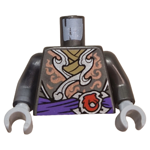 Torso, Odd Arms, Robe, Coral/Light Bluish Grey Trim, Dark Tan Shirt, Dark Purple Dash, Red Buckle print, Left Pearl Titanium Arm, Right Trans-Black Arm, Light Bluish Grey Hands Pearl Titanium