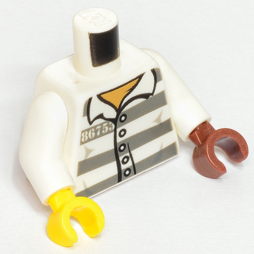 Torso, Odd Hands, Prison Shirt, '86753' Print, White Arms, Left Reddish Brown Hand, Right Yellow Hand White