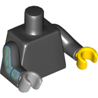 Torso, Odd Hands, Plain, Black Arms with Silver Mechanical Print, Left Yellow Hand, Right Light Bluish Gray Hand Schwarz