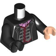 Torso, Jacket, Silver Tunic, Dark Red Trim, Bright Pink Scarf print, Odd Hands, Black Arms, Left Light Nougat Hand, Right Black Hand Black