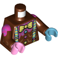 Torso, Odd Hands, Shirt with Buttons and Dark Pink Frosting, Suspenders, Bright Light Yellow Bow Tie Print, Reddish Brown Arms with Dark Pink Frosting Print, Left Medium Azure Hand, Right Bright Pink Hand Reddish Brown