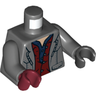 Torso, Odd Hands, Coat, Open over Dark Red Vest, Dark Blue Shirt Print, Dark Bluish Gray Arms, Left Black Hand, Right Dark Red Hand Dark Bluish Gray