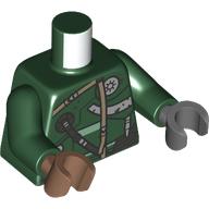 Torso, Odd Hands, Tan Straps, Dark Bluish Grey Hose, Armor, Silver Dial print, Black Arms, Left Dark Bluish Grey, Hand, Right Medium Brown Hand Dunkelgrün
