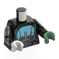 Torso, Odd Hands, Dark Bluish Grey Motor Cycle, Tire, Medium Azure Gas Tank print, Black Arms, Left Sand Green Hand, Right White Hand Schwarz