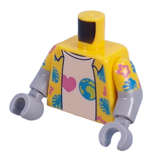 Torso, Dual Molded Arms with Open Hawaiian Shirt, White Shirt with Heart, Earth print, Yellow Sleeves Pattern, Light Bluish Gray Arms and Hands Gelb