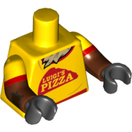 Torso, Dual Molded Arms, Red Trim and 'LUIGI'S PIZZA', Straw Chest Print, Yellow Sleeves Pattern, Reddish Brown Arms Red Trim Print, Black Hands Yellow