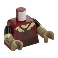 Torso, Dual Molded Arms with Reddish Brown Belts, Pockets, Copper Belt Buckle, Axe Pendant, Horn on Back print, Black Sleeves Pattern, Dark Tan Arms and Hands Dunkelrot