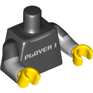 Torso, Dual Molded Arms, Shirt with Light Bluish Gray Collar and 'PLAYER 1' Print, Black Sleeves Pattern, Light Bluish Gray Arms, Yellow Hands Black