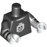 Torso, Dual Molded Arms, Shirt with White Minifig Head Skull Print, Black Sleeves Pattern, Light Bluish Gray Arms with Black Stripes Print, White Hands Schwarz