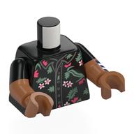 Torso, Dual Molded Arms with White/Coral Flowers, Sand Green Leaves, Dark Blue and White Stripes on Left Arm print, Black Sleeves Pattern, Sienna Brown Arms and Hands Black
