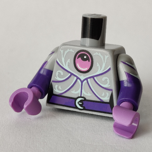 Torso, Dual Molded Arms, Lavender Gem, Dark Purple Belt, White Decorations print, with Light Bluish Gray Sleeves Pattern, Dark Purple Arms, Medium Lavender Hands Light Bluish Gray