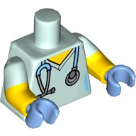 Torso, Dual Molded Arms, Hospital Scrubs with Medium Blue Stethoscope Print, Light Aqua Sleeves Pattern, Yellow Arms, Medium Blue Hands Hellaqua