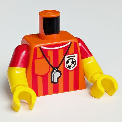 Torso, Dual Molded Arms with Referee Shirt, Vertical Red Stripes, Whistle, Soccer Ball Print, Red Sleeves Pattern, Yellow Arms and Hands Reddish Orange