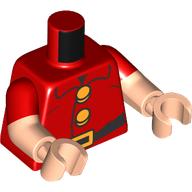 Torso, Dual Molded Arms, Black Belt, Bright Light Orange Belt Buckle, Buttons print, Red Sleeves Pattern, Light Nougat Arms and Hands Red