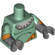 Torso, Dual Molded Arms, Armor with Rivets and Orange Lightning Print, Sand Green Sleeves Pattern, Dark Bluish Gray Arms and Hands with Atom and Orange Stripes Print Sandgrün
