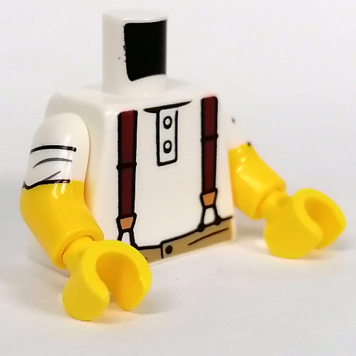 Torso, Dual Molded Arms with Shirt, Reddish Brown Suspenders, Dark Tan Pants print, White Sleeves Pattern, Yellow Arms and Hands Weiß