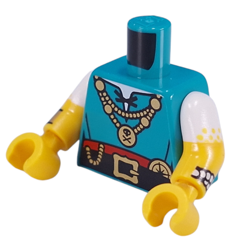 Torso, Dual Molded Arms with Gold Chains, Skull, And Bones Pendant, Black Belt, Gold Compass, Chains, Bracelet, Pearl Bracelet print, White Sleeves Pattern, Yellow Arms and Hands Dark Turquoise