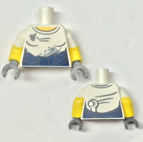 Torso, Dual Molded Arms, Shirt with Gray Splotches, Dark Blue Top Tied Around Waist / Wrench on Back Print, White Sleeves Pattern, Yellow Arms, Dark Bluish Gray Hands White