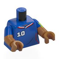 Torso, Dual Molded Arms with Football Shirt, White/Red Trim, White '10', 'MBAPPÉ', Lime Band on Arm print, Blue Sleeves Pattern, Medium Nougat Arms and Hands Blau