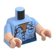 Torso, Dual Molded Arms with Crumbled, Half Open Shirt, Dark Brown Strap, Blue Pants, Nougat Shirt print, Bright Light Blue Sleeves Pattern, Light Nougat Arms and Hands Bright Light Blue