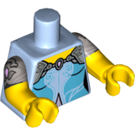 Torso, Dual Molded Arms, Dress with Yellow Neck, Lavender Shoulders and Shiny Trim Print, Flat Silver Sleeves Pattern, Yellow Arms and Hands Bright Light Blue