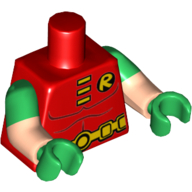 Torso, Dual Molded Arms, Muscles, 'R' Symbol, 3 Yellow Clasps, Belt Print, Green Sleeves Pattern, Light Nougat Arms, Green Hands Rot