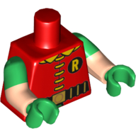 Torso, Dual Molded Arms, 'R' Symbol, 5 Yellow Clasps and Collar, Black and Gold Belt Print (60's Robin), Green Sleeves Pattern, Light Nougat Arms, Green Hands Rot