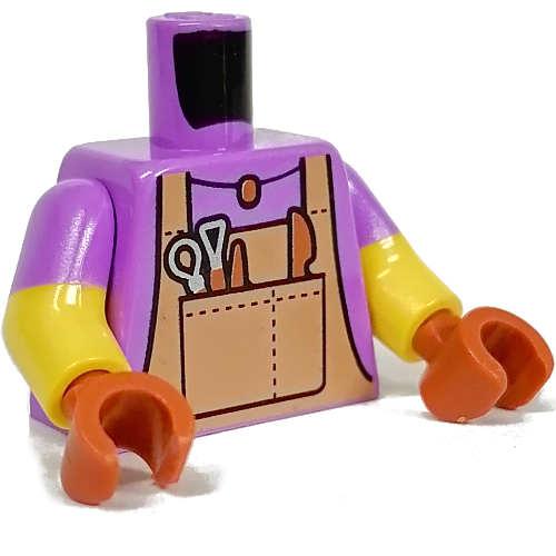 Torso, Dual Molded Arms with Dark Tan Apron, Pottering Tools print, Medium Lavender Sleeves Pattern, Yellow Arms, Dark Orange Hands Medium Lavender